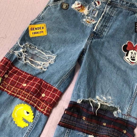 Tommy Jean Overalls 90s Vintage Rework Hilfiger Convertible Spell Out Patches S - Picture 3 of 12
